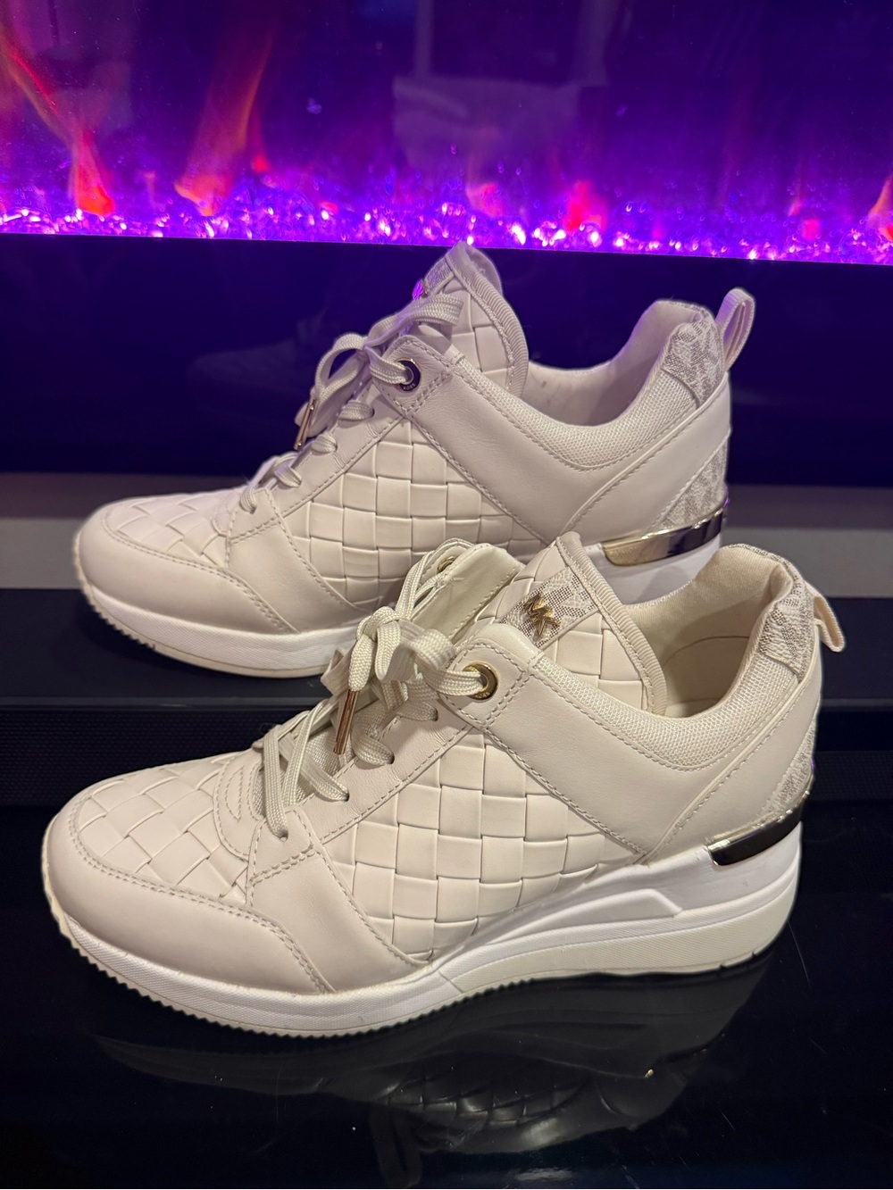 Michael Kors Cream Woven Lace-Up Platform Sneakers
